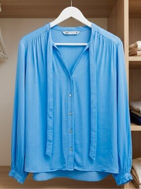 Zara Sky Blue Tie-Neck Button Blouse